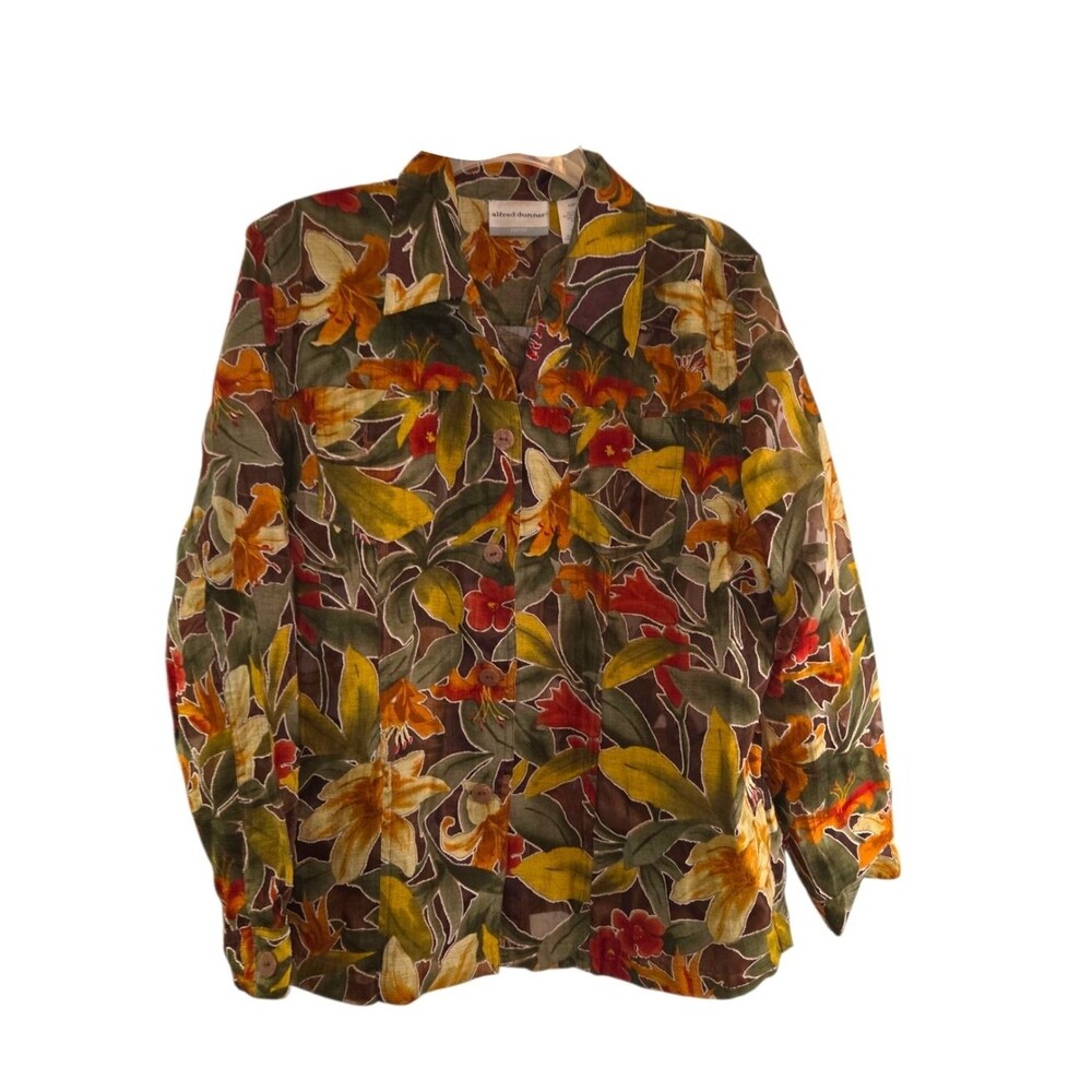 Alfred Dunner Semi Sheer Tropical Floral Print Button Down Shirt - Picture 2 of 10